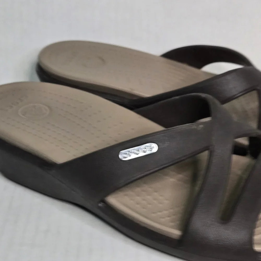 Crocs Patricia Wedge Sandals Espresso Brown Tan Strappy Comfort Shoes 7